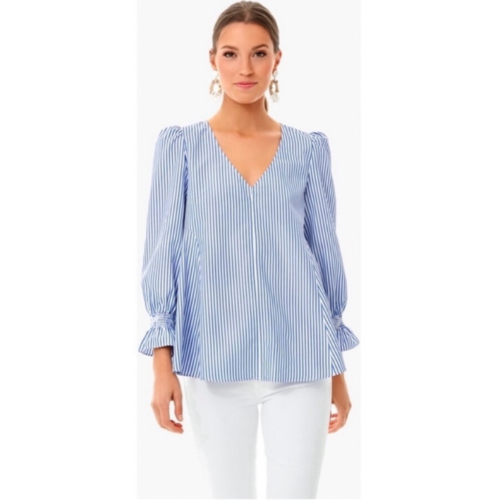 Tuckernuck Blue and White Striped V-Neck Blouse